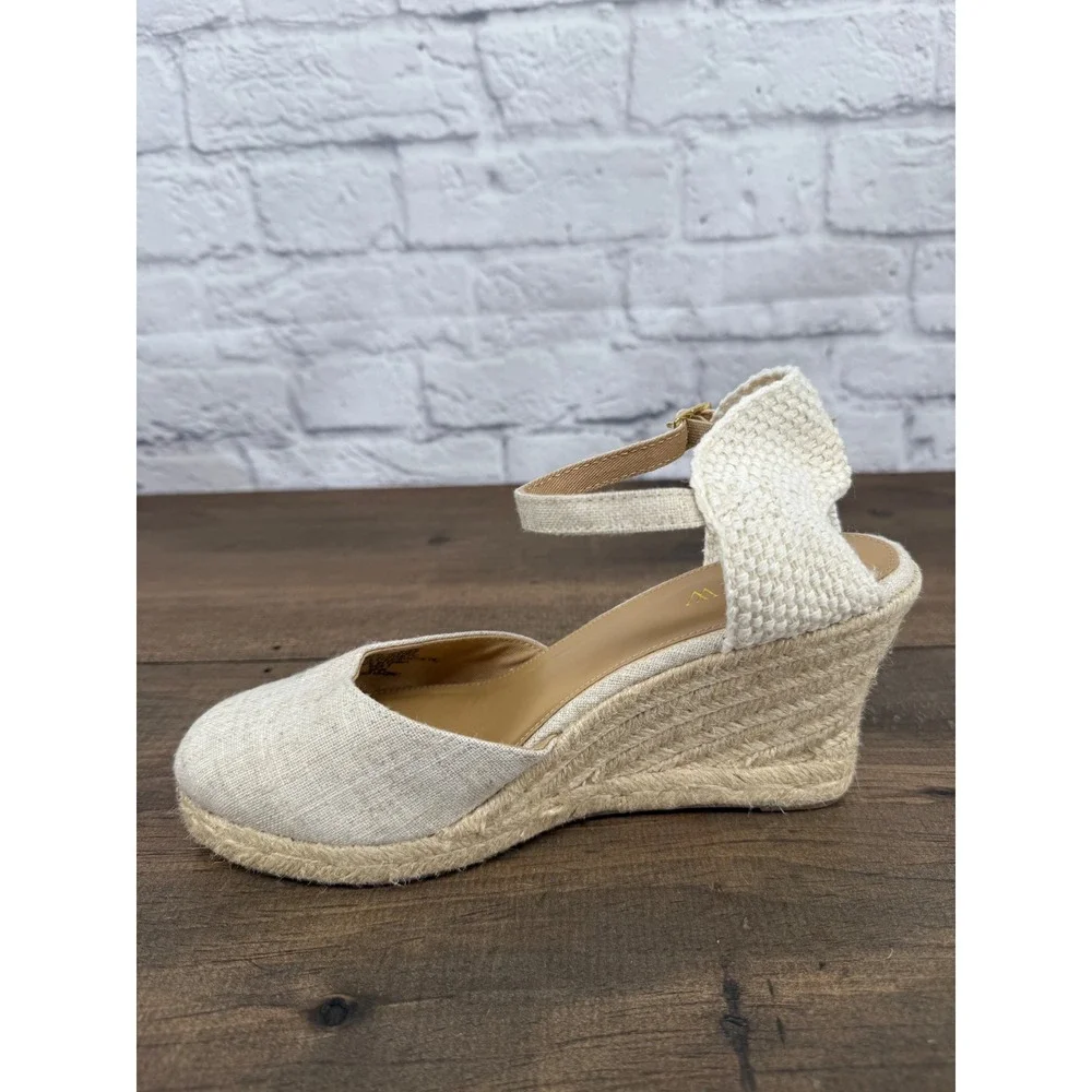 J.Crew Womens Linen Espadrille Wedge Sandals Natural Oatmeal Size 7 Buckle Strap